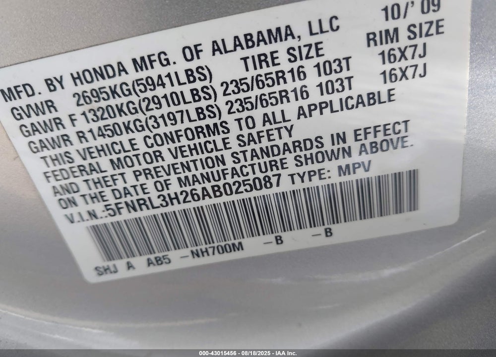 2010 HONDA ODYSSEY LX VIN: 5FNRL3H26AB025087