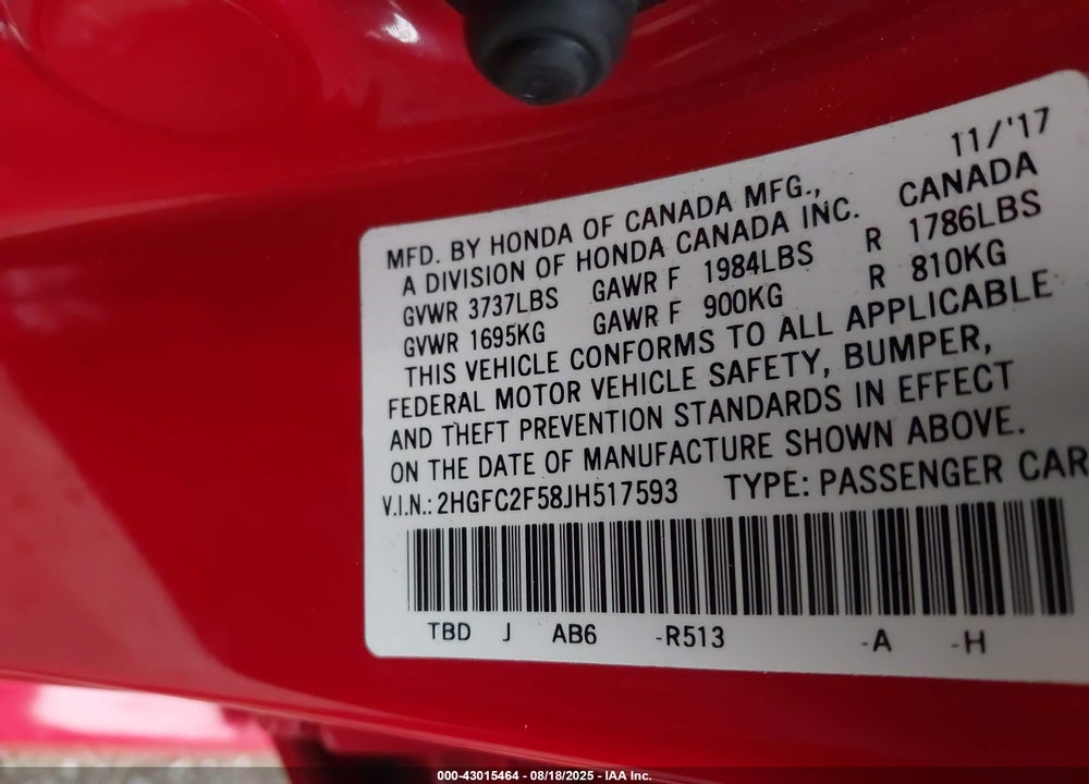 2018 HONDA CIVIC LX VIN: 2HGFC2F58JH517593