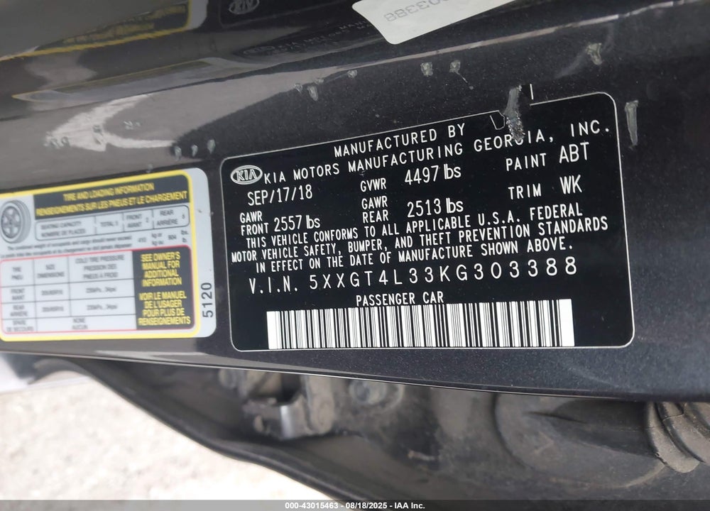 2019 KIA OPTIMA LX VIN: 5XXGT4L33KG303388
