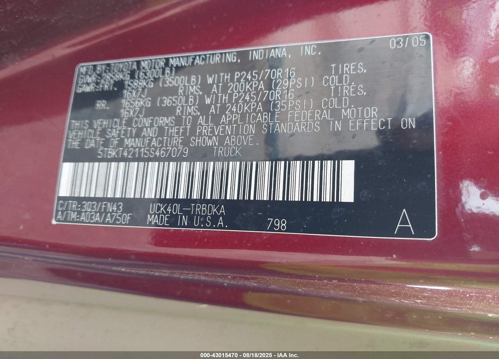 2005 TOYOTA TUNDRA BASE V8 VIN: 5TBKT42115S467079