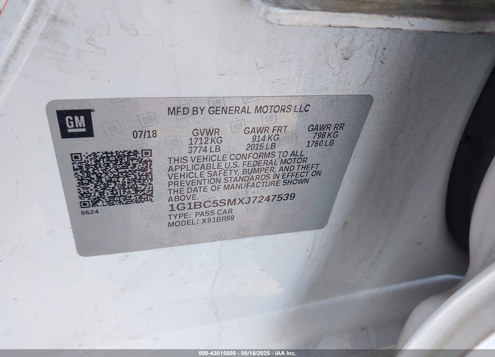2018 CHEVROLET CRUZE VIN: 1G1BC5SMXJ7247539