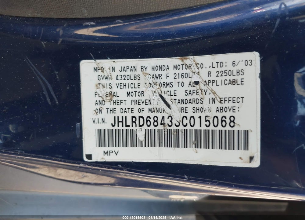2003 HONDA CR-V LX VIN: JHLRD68433C015068
