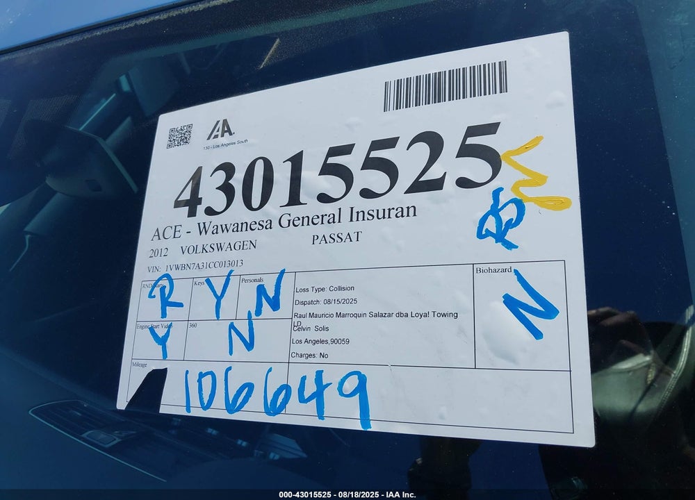 2012 VOLKSWAGEN PASSAT VIN: 1VWBN7A31CC013013