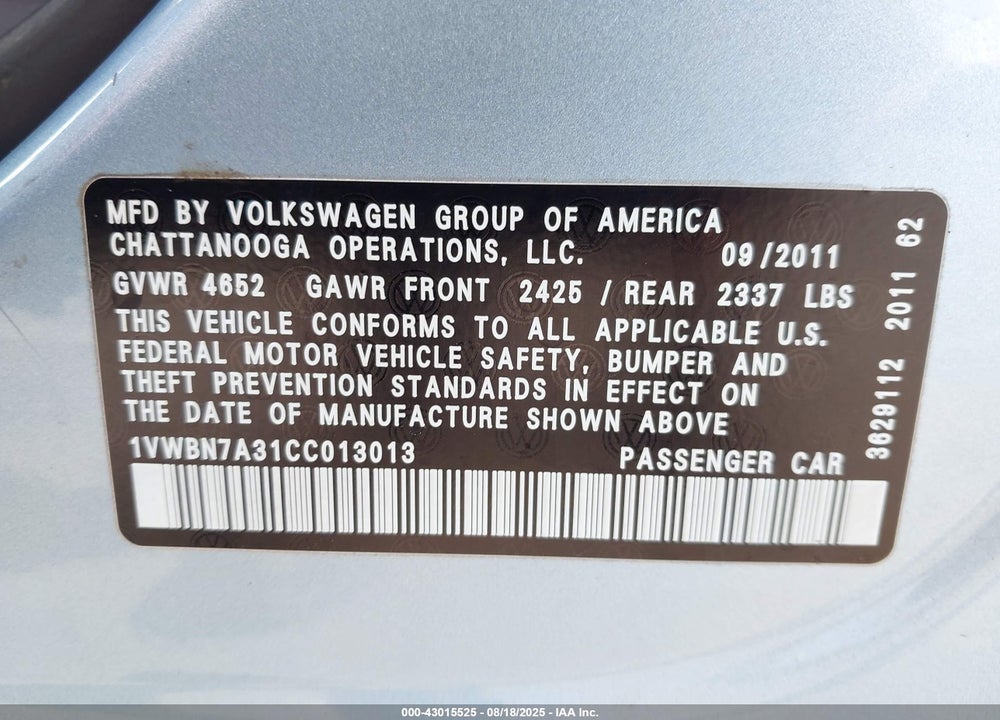 2012 VOLKSWAGEN PASSAT VIN: 1VWBN7A31CC013013