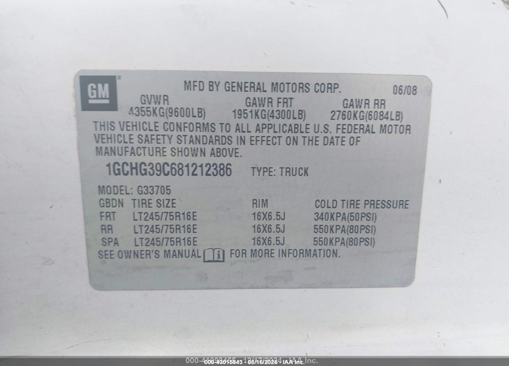 2008 CHEVROLET EXPRESS WORK VAN VIN: 1GCHG39C681212386