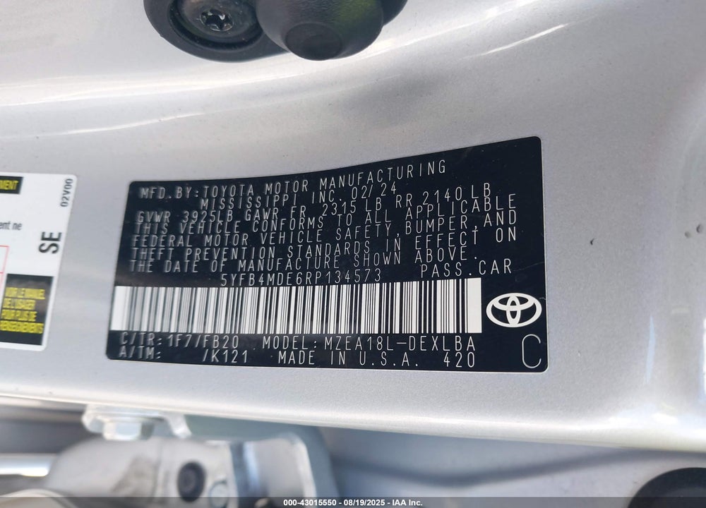 2024 TOYOTA COROLLA VIN: 5YFB4MDE6RP134573