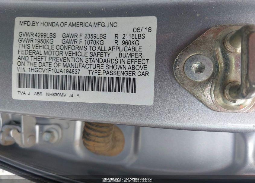 2018 HONDA ACCORD VIN: 1HGCV1F10JA194837