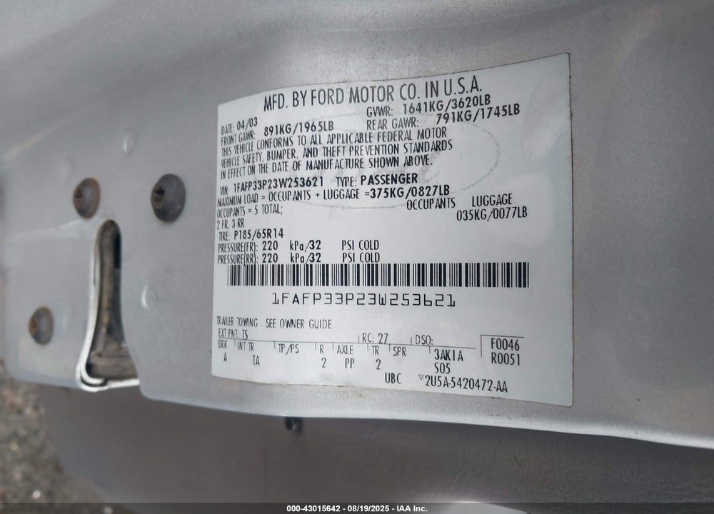 2003 FORD FOCUS LX VIN: 1FAFP33P23W253621