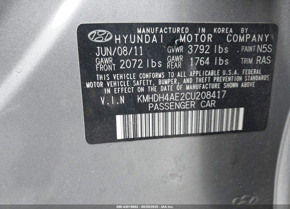 2012 HYUNDAI ELANTRA VIN: KMHDH4AE2CU208417