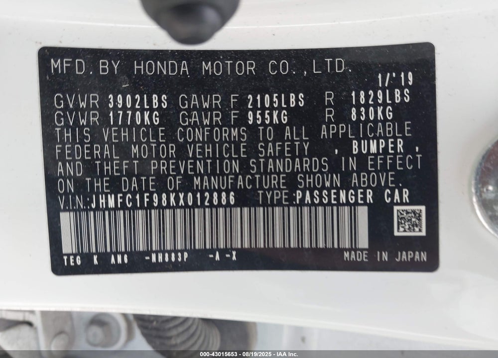 2019 HONDA CIVIC VIN: JHMFC1F98KX012886