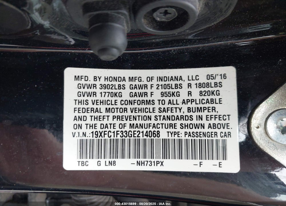 2016 HONDA CIVIC VIN: 19XFC1F33GE214068