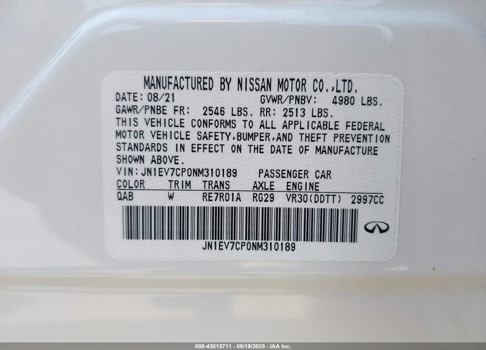 2022 INFINITI Q50 VIN: JN1EV7CP0NM310189