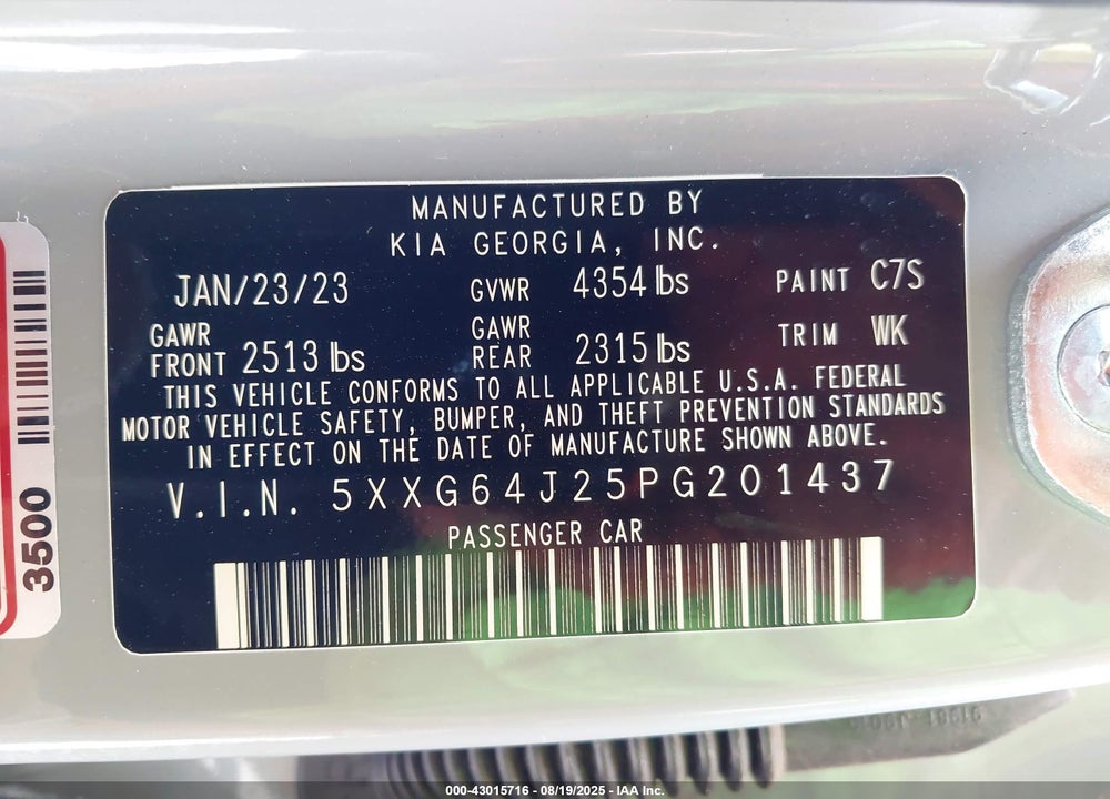 2023 KIA K5 VIN: 5XXG64J25PG201437