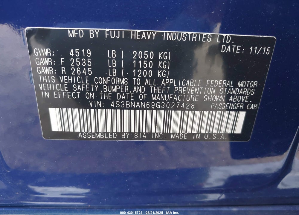 2016 SUBARU LEGACY VIN: 4S3BNAN69G3027428