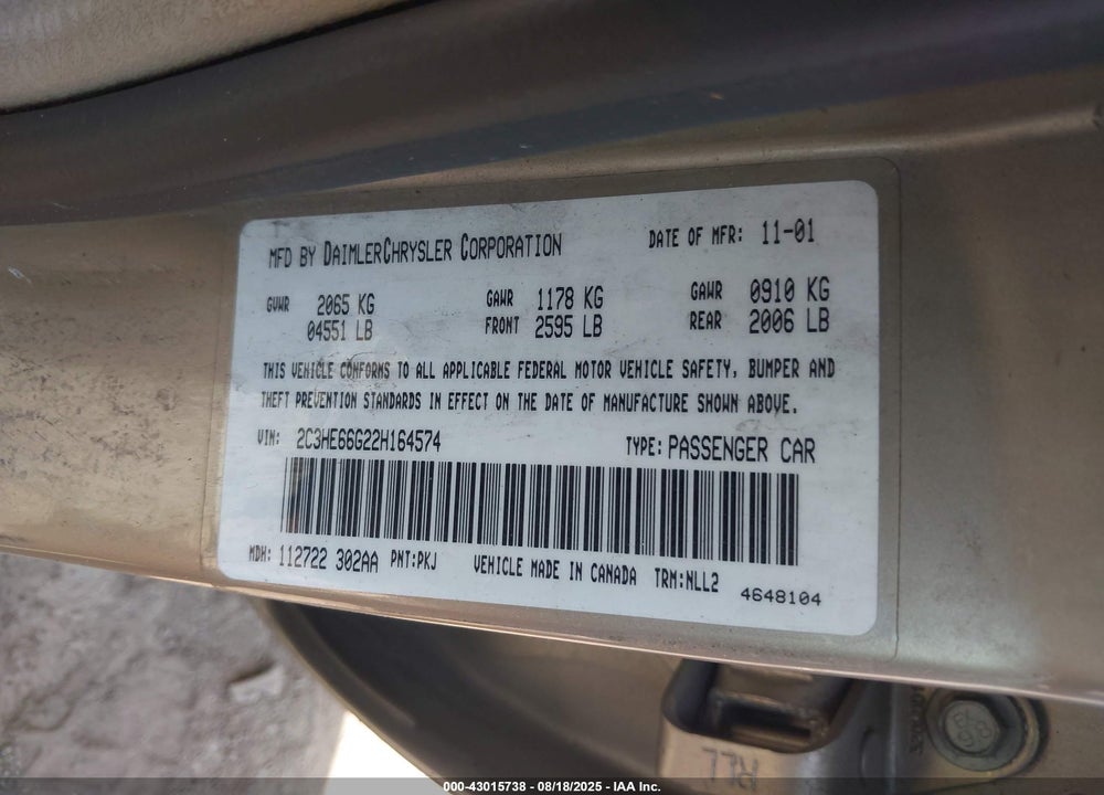 2002 CHRYSLER 300M VIN: 2C3HE66G22H164574
