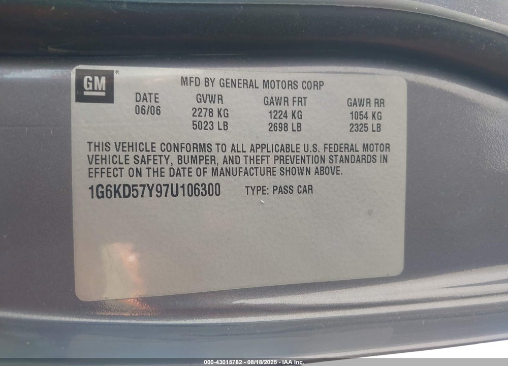 2007 CADILLAC DTS LUXURY I VIN: 1G6KD57Y97U106300