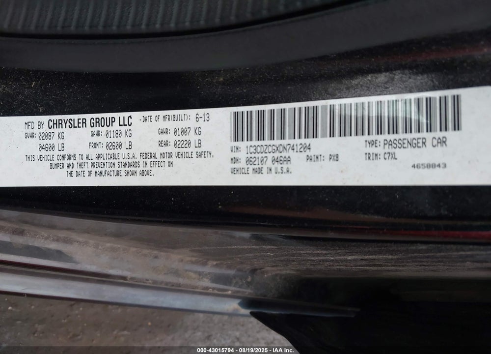 2013 DODGE AVENGER VIN: 1C3CDZCGXDN741204