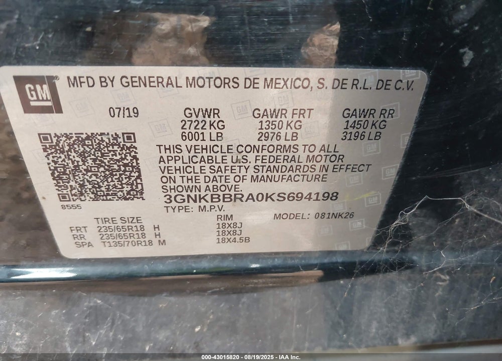 2019 CHEVROLET BLAZER VIN: 3GNKBBRA0KS694198