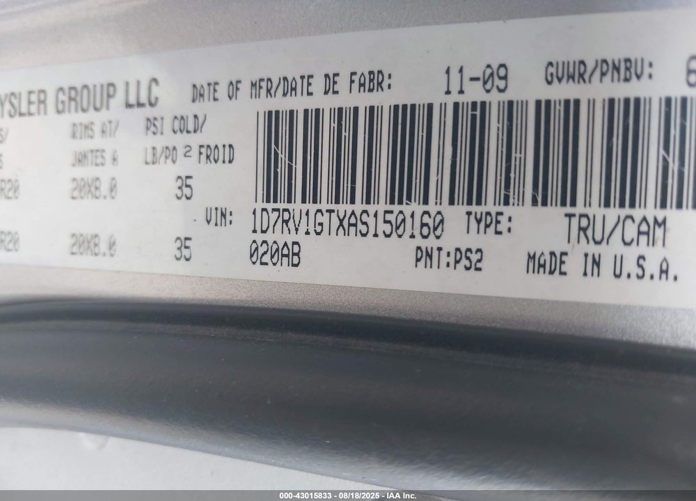 2010 DODGE RAM 1500 VIN: 1D7RV1GTXAS150160