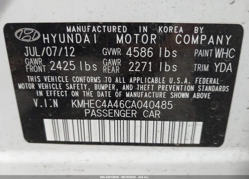 2012 HYUNDAI SONATA HYBRID VIN: KMHEC4A46CA040485