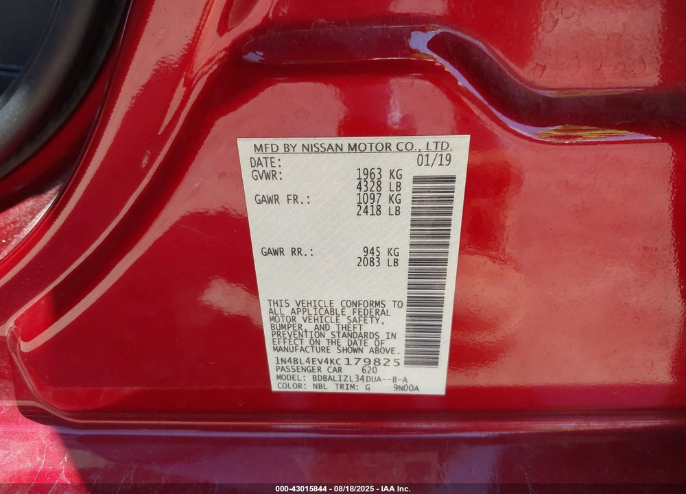 2019 NISSAN ALTIMA 2.5 SL VIN: 1N4BL4EV4KC179825