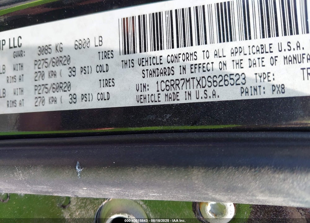2013 RAM 1500 VIN: 1C6RR7MTXDS626523