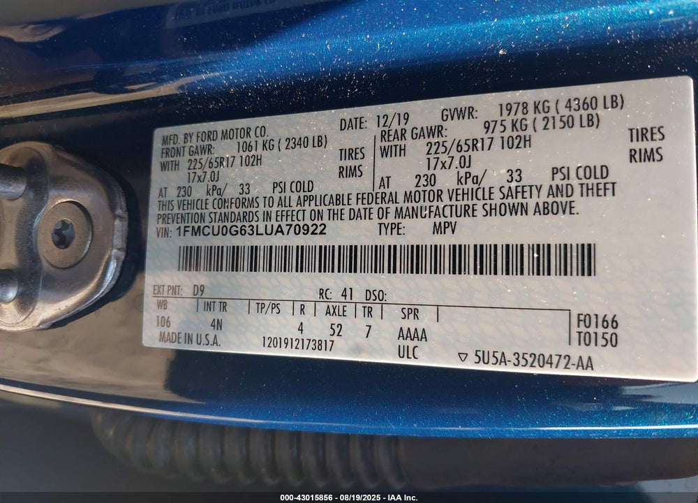 2020 FORD ESCAPE VIN: 1FMCU0G63LUA70922