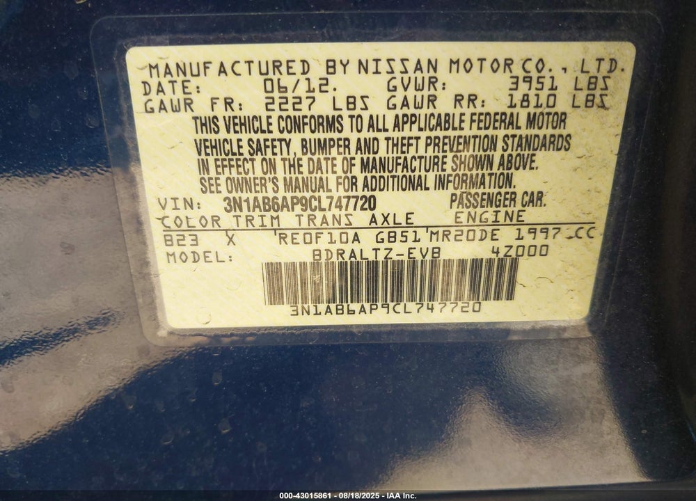 2012 NISSAN SENTRA VIN: 3N1AB6AP9CL747720