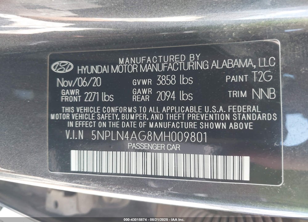 2021 HYUNDAI ELANTRA VIN: 5NPLN4AG8MH009801