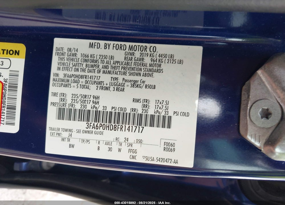 2015 FORD FUSION VIN: 3FA6P0HD8FR141717