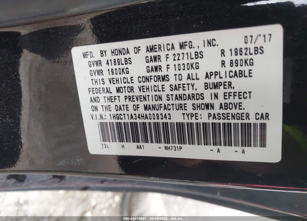 2017 HONDA ACCORD VIN: 1HGCT1A34HA009343