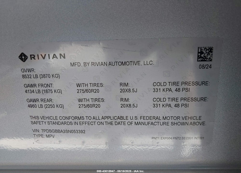 2025 RIVIAN R1S ADVENTURE DUAL MOTOR LARGE PACK/ADVENTURE DUAL MOTOR MAX PACK VIN: 7PDSGBBA3SN053392