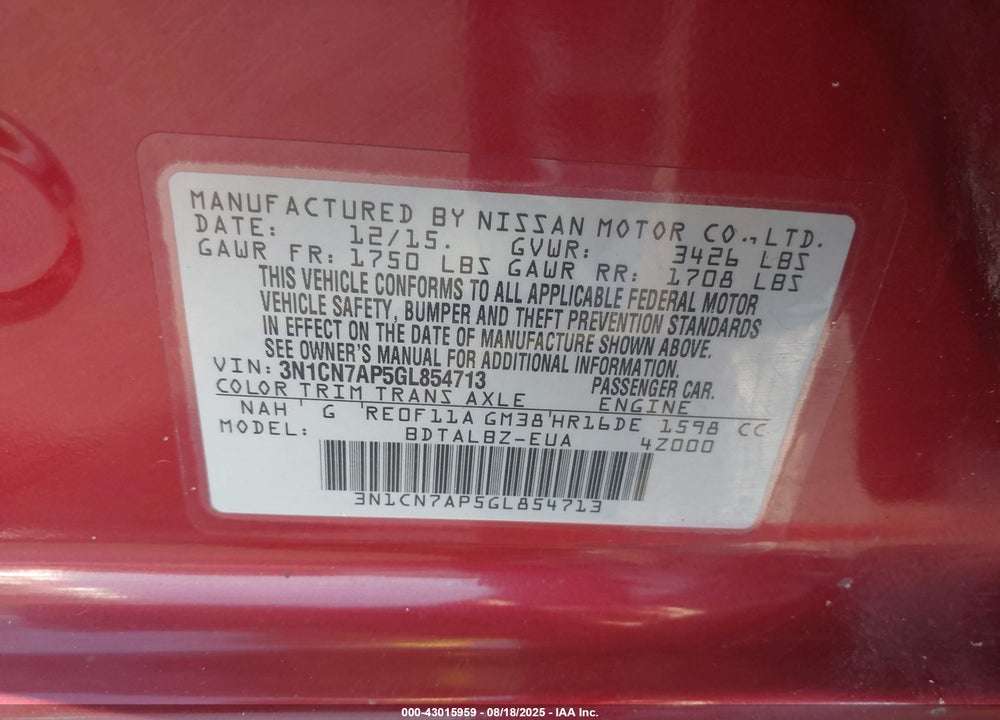 2016 NISSAN VERSA VIN: 3N1CN7AP5GL854713