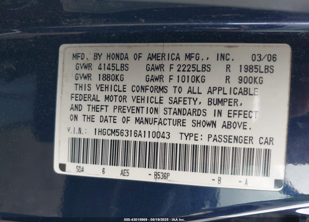 2006 HONDA ACCORD VIN: 1HGCM56316A110043