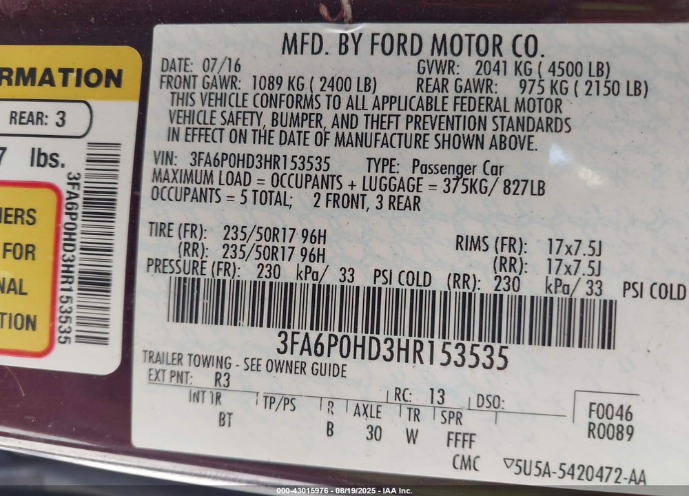 2017 FORD FUSION VIN: 3FA6P0HD3HR153535