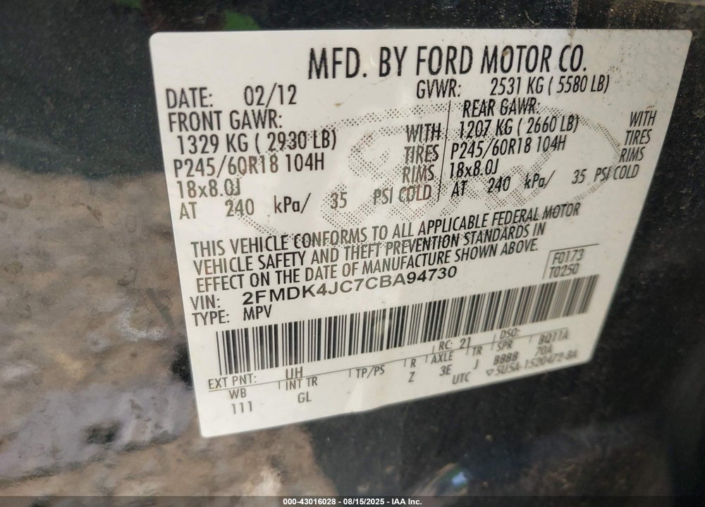 2012 FORD EDGE VIN: 2FMDK4JC7CBA94730