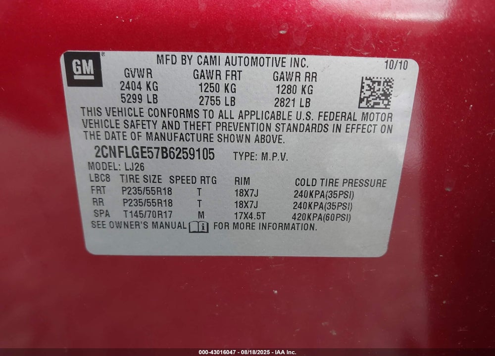 2011 CHEVROLET EQUINOX VIN: 2CNFLGE57B6259105