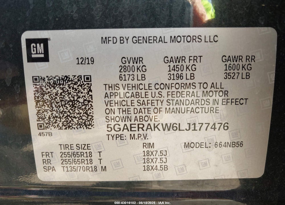 2020 BUICK ENCLAVE VIN: 5GAERAKW6LJ177476