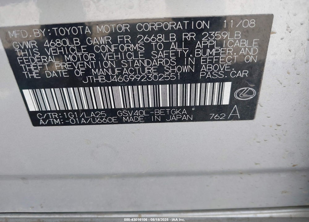 2009 LEXUS ES 350 VIN: JTHBJ46G992302551