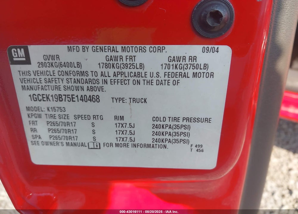 2005 CHEVROLET SILVERADO 1500 Z71 VIN: 1GCEK19B75E140468