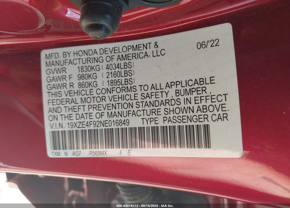 2022 HONDA INSIGHT VIN: 19XZE4F92NE016849