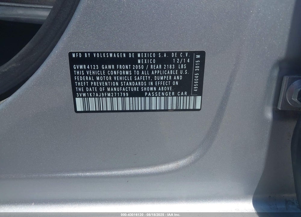 2015 VOLKSWAGEN JETTA VIN: 3VW1K7AJ9FM271799