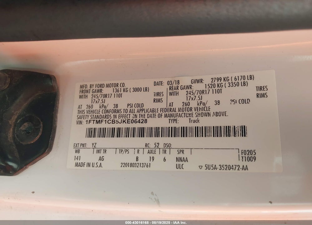 2018 FORD F-150 XL VIN: 1FTMF1CB5JKE06428
