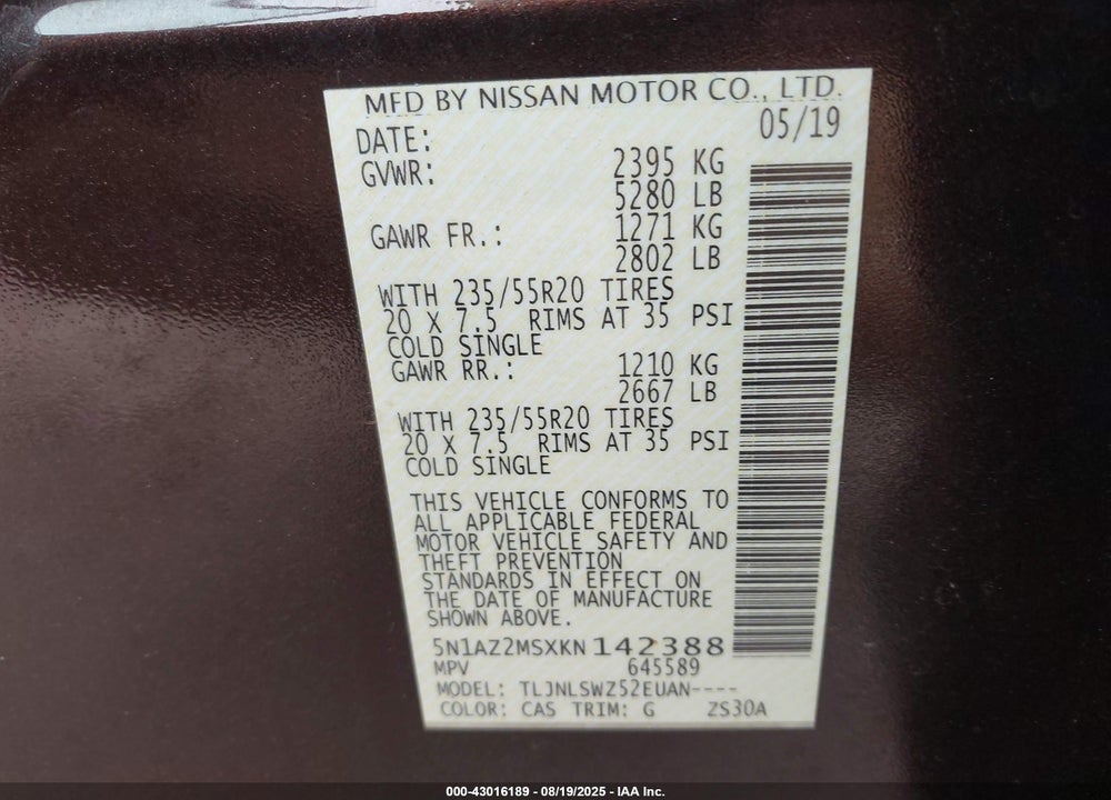2019 NISSAN MURANO VIN: 5N1AZ2MSXKN142388