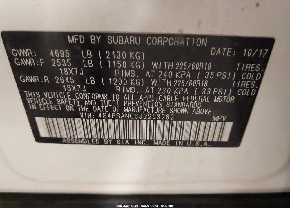 2018 SUBARU OUTBACK VIN: 4S4BSANC6J3253282