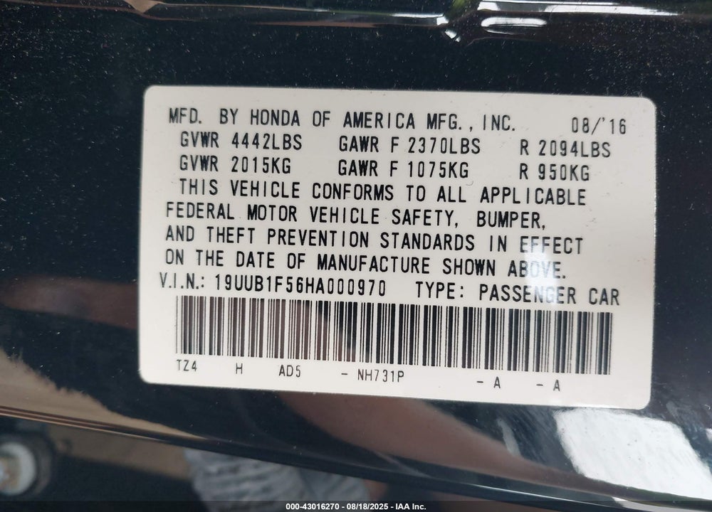 2017 ACURA TLX VIN: 19UUB1F56HA000970
