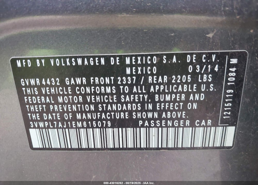 2014 VOLKSWAGEN JETTA VIN: 3VWPL7AJ1EM615079