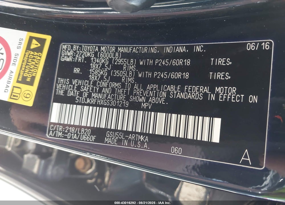 2016 TOYOTA HIGHLANDER VIN: 5TDJKRFHXGS301219