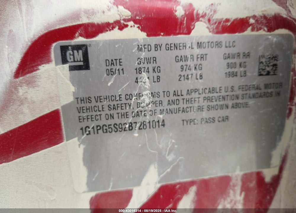 2011 CHEVROLET CRUZE VIN: 1G1PG5S92B7281014