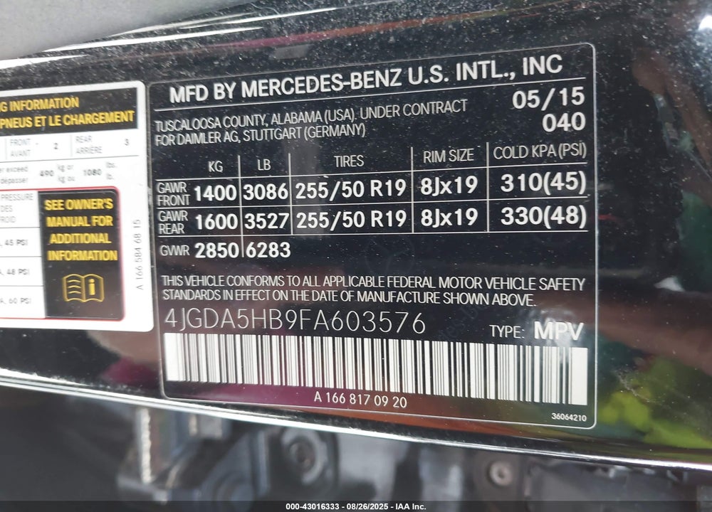 2015 MERCEDES-BENZ ML-CLASS VIN: 4JGDA5HB9FA603576